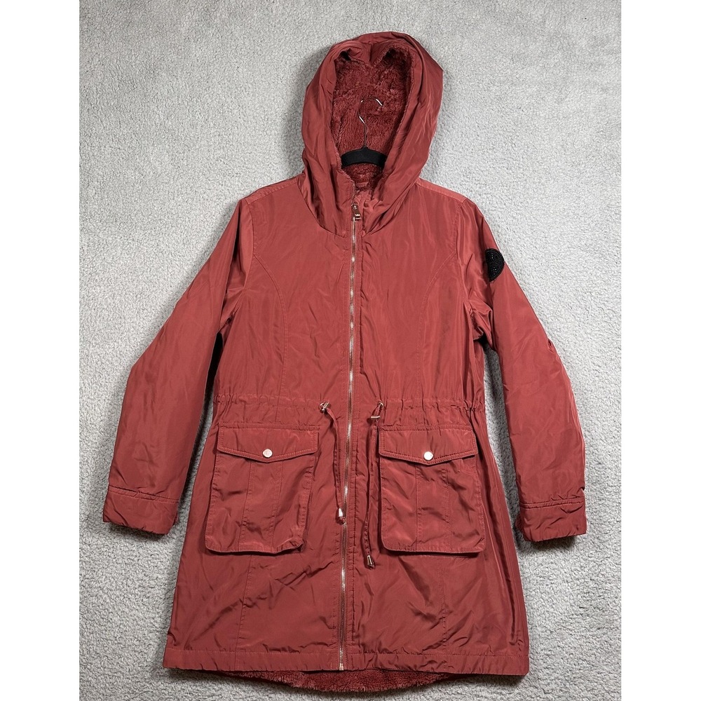 bebe Jacket Womens Medium Rust Hooded Faux Fur Lined Parka Drawstring Pockets‎